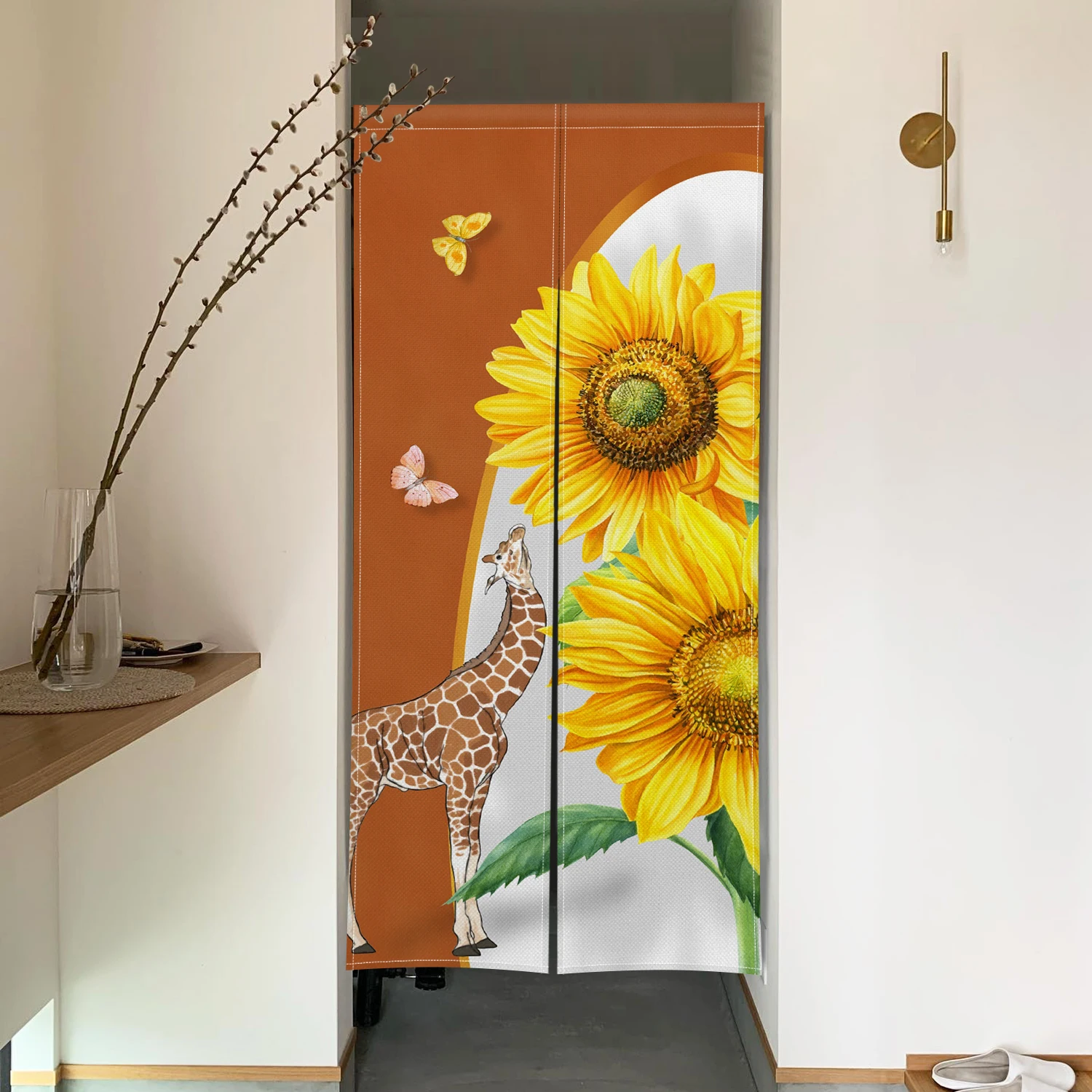 Modern Artistic Themed Style Door Curtain Sunflower Giraffe Geometric Pattern Room Divider for Living Room Bedroom Doorway Decor