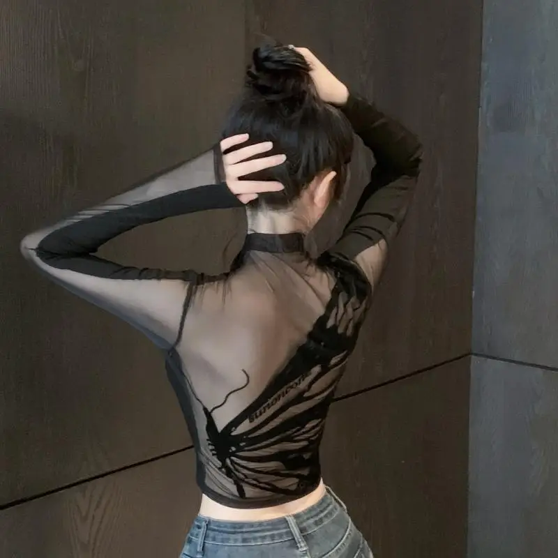 

Kawaii Модные топы для девочек Студенческая повседневная женская одежда с героями мультфильмов Топы с длинными рукавами Женские полувысокие шеи с сетчатой отделкой Короткие укороченные топы