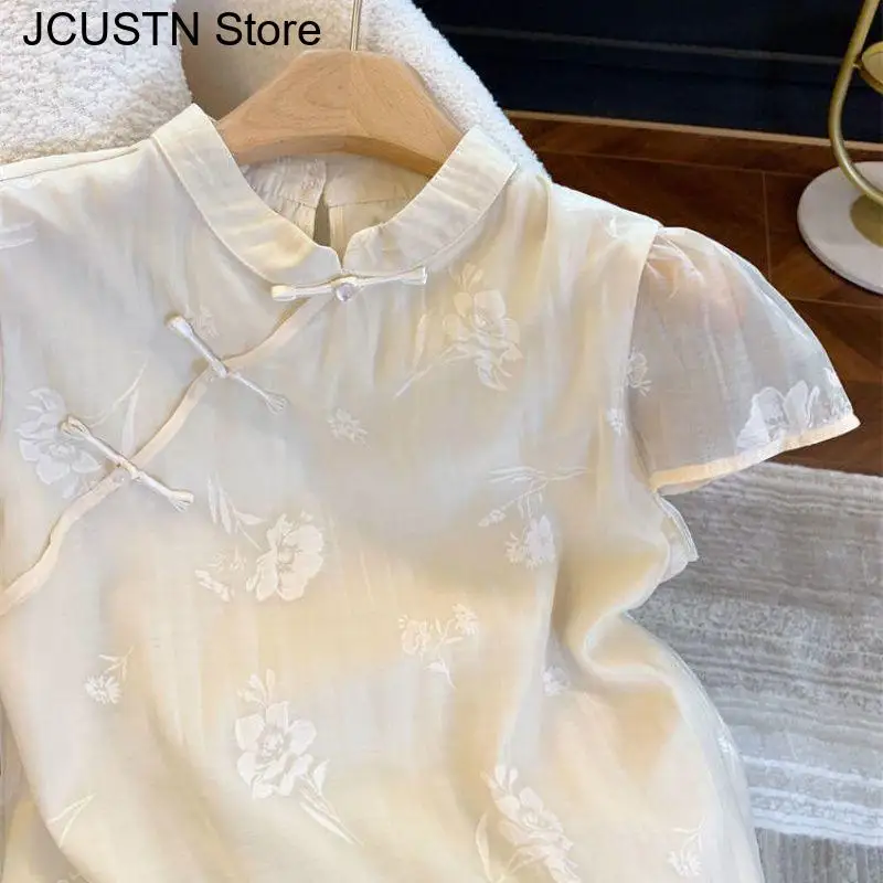 Camicia da donna con colletto rialzato stampato a maniche corte in stile cinese nuovo Temperamento Camicia da donna elegante Retro Summer Light Soft Top