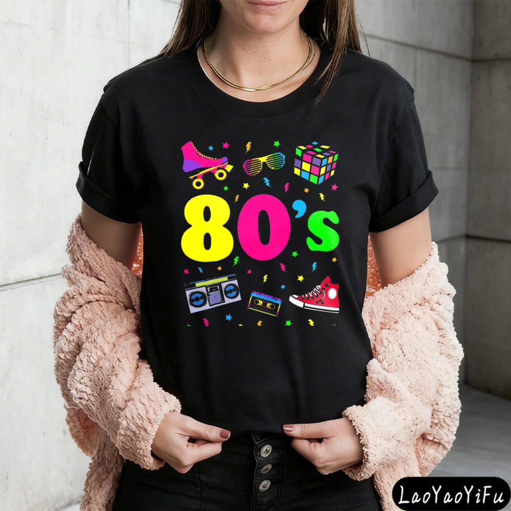 Colorful 80s Icons and Text Design Shirt Retro 80s Style Women's T-Shirt Vintage Themed Parties Ideal Tshirt Daily Life Tops