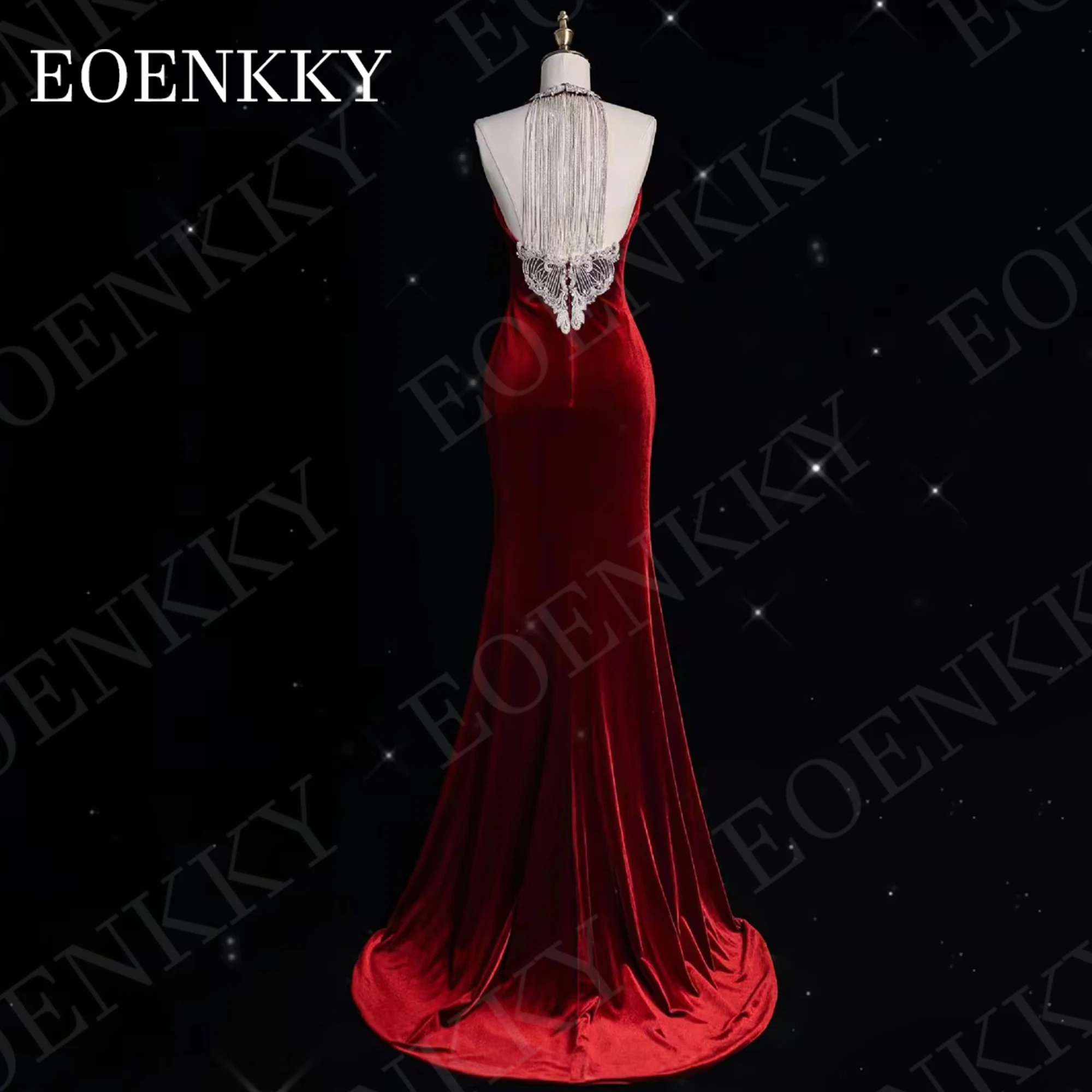 EOENKKY Mermaid Evening Dresses Woman Luxury فساتين سهرات Burgundy Velvet Split Backless Celebrity Dress Tassels Beaded Halter