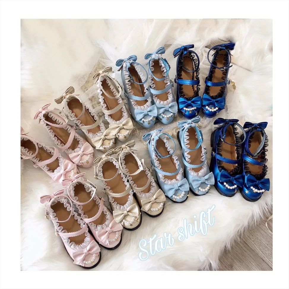 Lolita Shoes Women High Heels Pearl Lace Edge Straps Bow Cute Girls Princess Tea Party Shoes Students Lovely Shoes Size 35-40