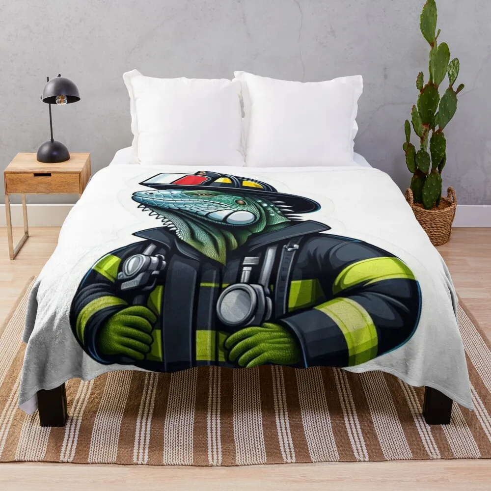 Firefighter Iguana Illustration: A Unique Blend of Heroism and Wildlife Throw Blanket Hairy Blankets