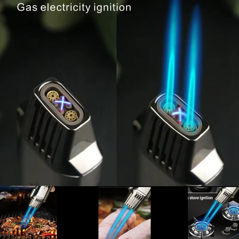 Multifunctional Gas And Electric Lighter  Double Arc  Double Blue Flame White Night Light With Power Display Outdoor Windproof