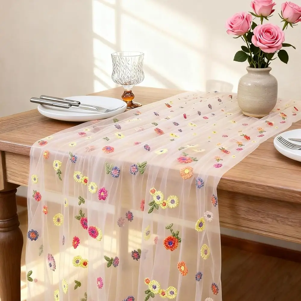 New Embroidery Daisy Table Runner Breathable Soft Tulle Table Runner Durable Kitchen Dining Table Decoration Holiday