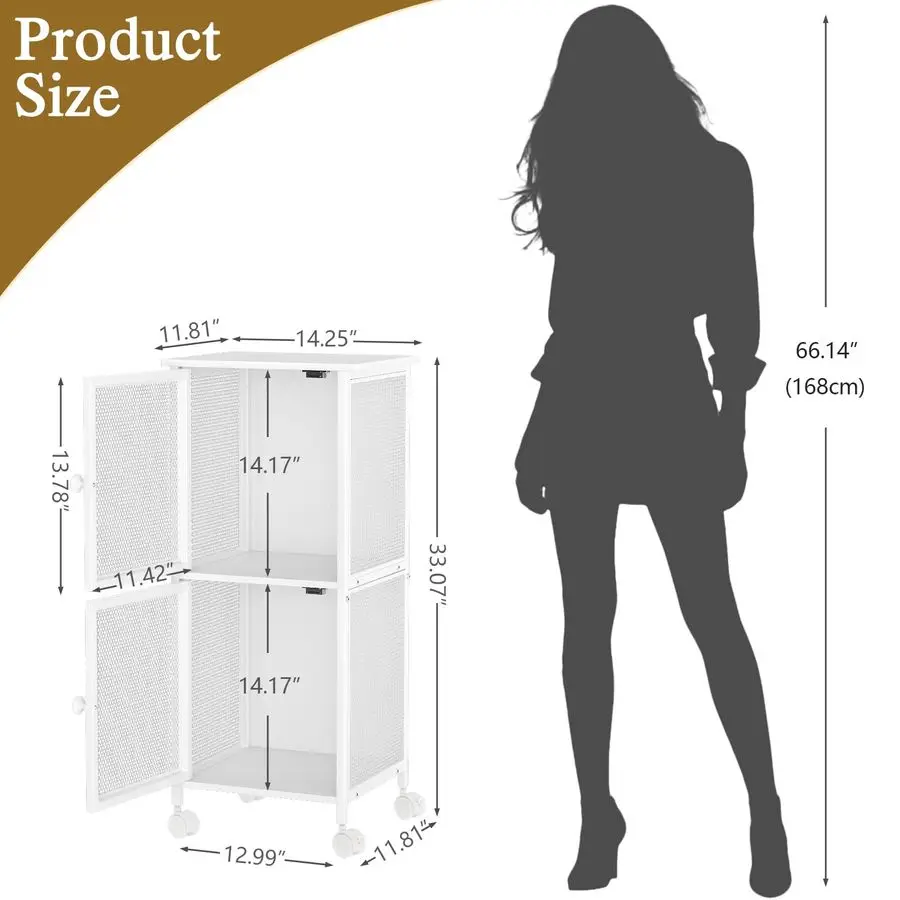 

Bathroom Storage Cabinet with Movable Wheels, Wooden Bathroom Standing Shelf with 2 Metal Doors, Slim Bathroom Storage Cart for