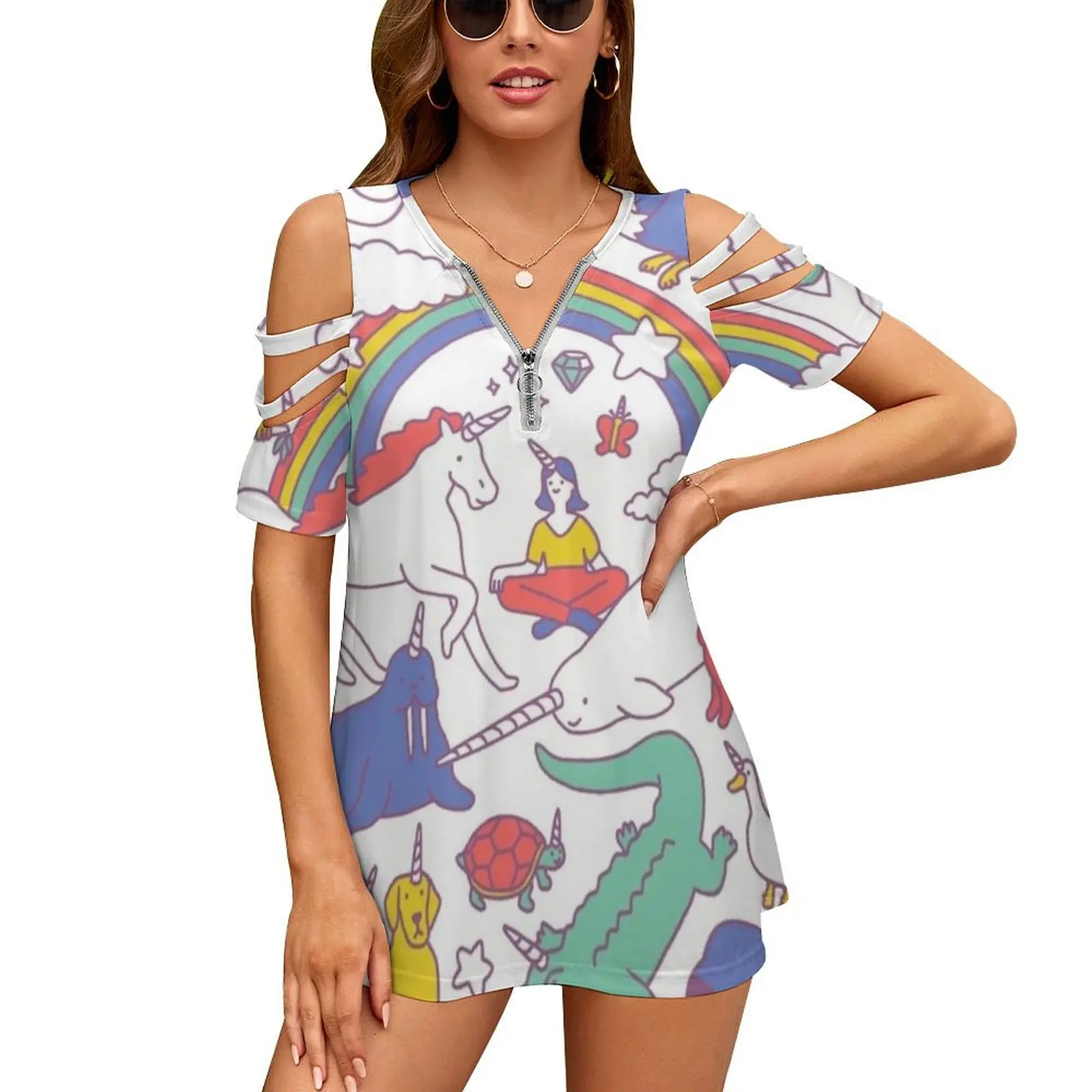 Unicorns! Women's T-Shirt Summer Fashion Print Floral V-Neck Zipper Tshirt Hollow Pullover Ladies Top Unicorn Unicorns Cute