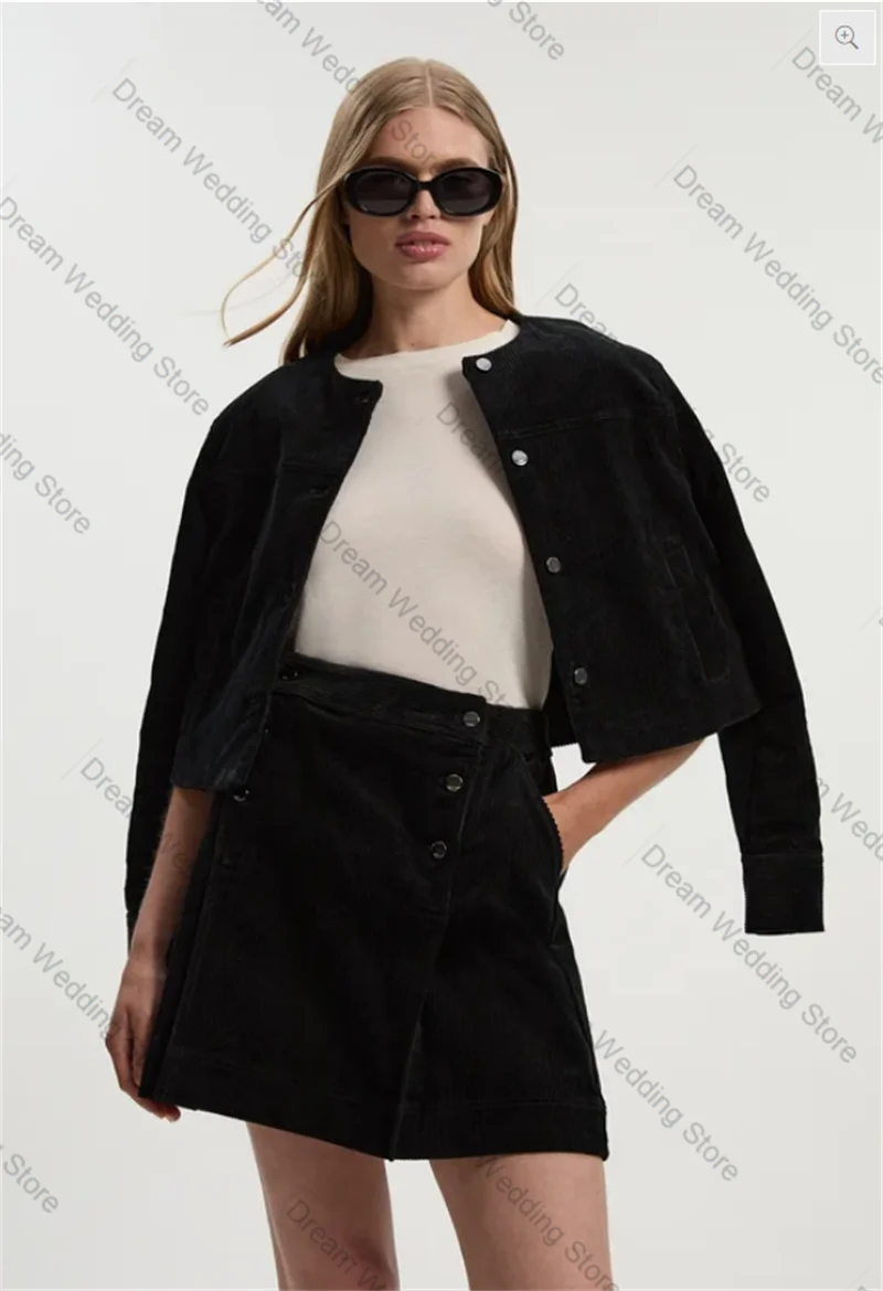 

Black Corduroy Women Suit Skirt Set 2 Pieces Blazer+Short Mini Prom Dress Formal Office Lady Jacket Customized Wedding Coat