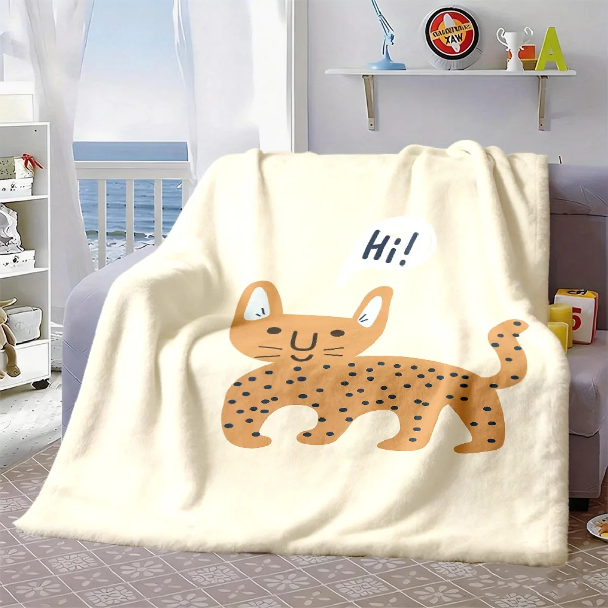Cute Cartoon Spotted Cat Flannel Throw Blanket Simple Kitten Hi Speech Bubble Print Soft Warm Blanket for Kids Room Decor