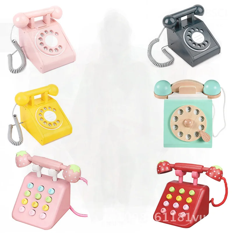 Wooden Simulation Telephone Play House for Kids Early Education Parent-Child Interaction Toy Blue/Pink/Red Natural Wood Color