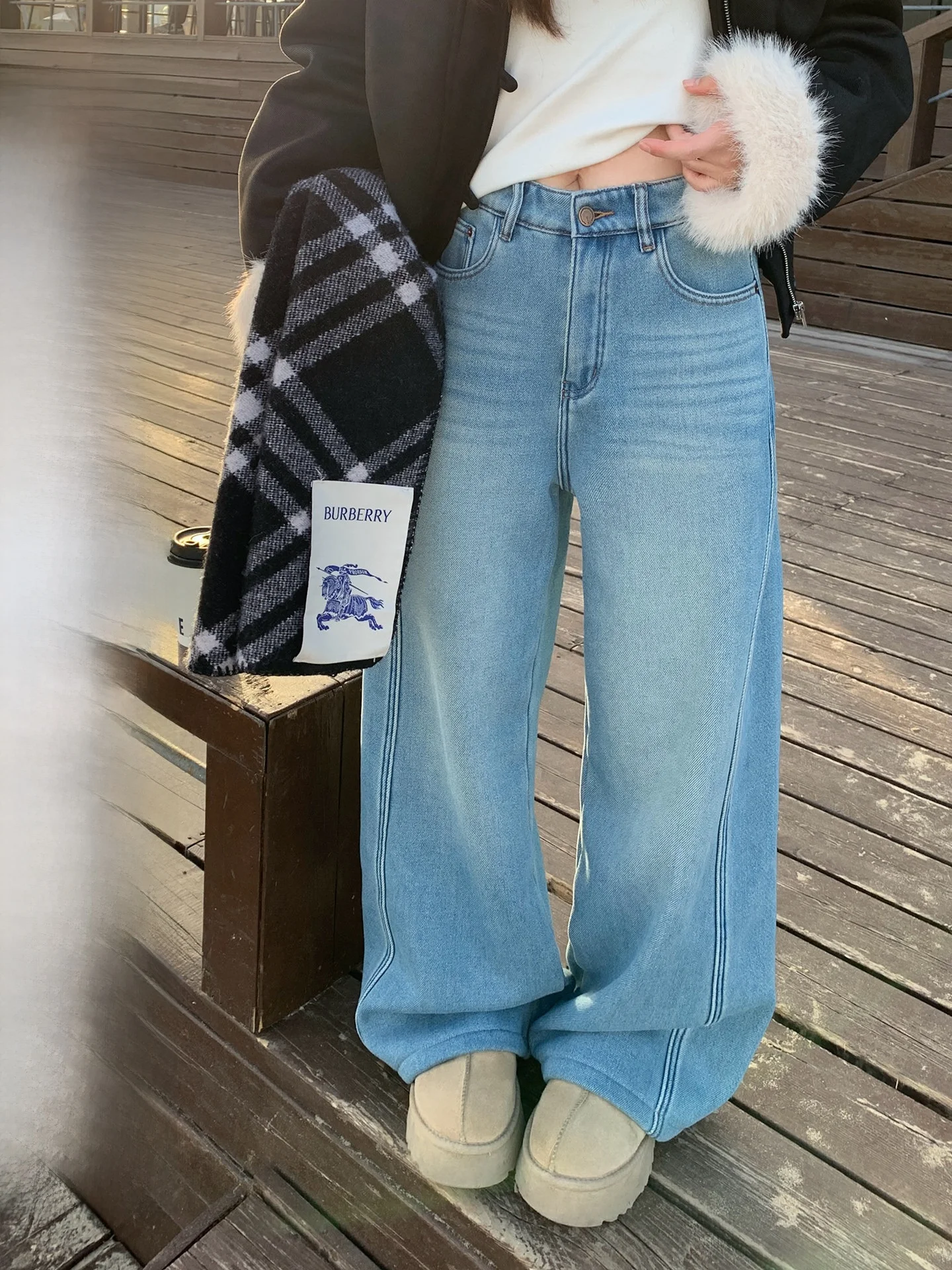 

EVNSLE Winter Thiened Fce Denim Pants High Waist Straight Leg Blue Waed Wide Leg Jeans Women's Casual High Warmth