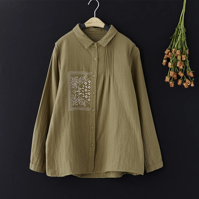 

Women's Loose Casual Pure Color Embroidered Spring Autumn Shirt Fashionable All-Match Comfortable Breathable Ladies Blouse