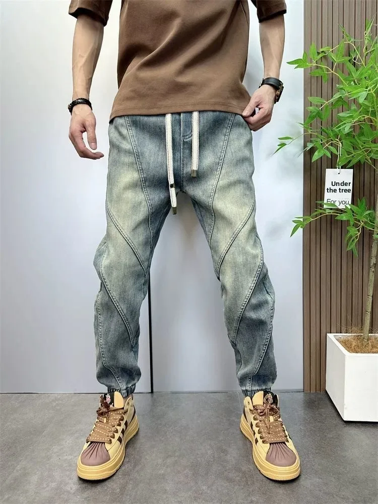 

Рваные джинсовые джинсы, мужские весенне-осенние новые выцветшие длинные брюки, синие эластичные брюки с манжетами, мужские брюки с девятью точками