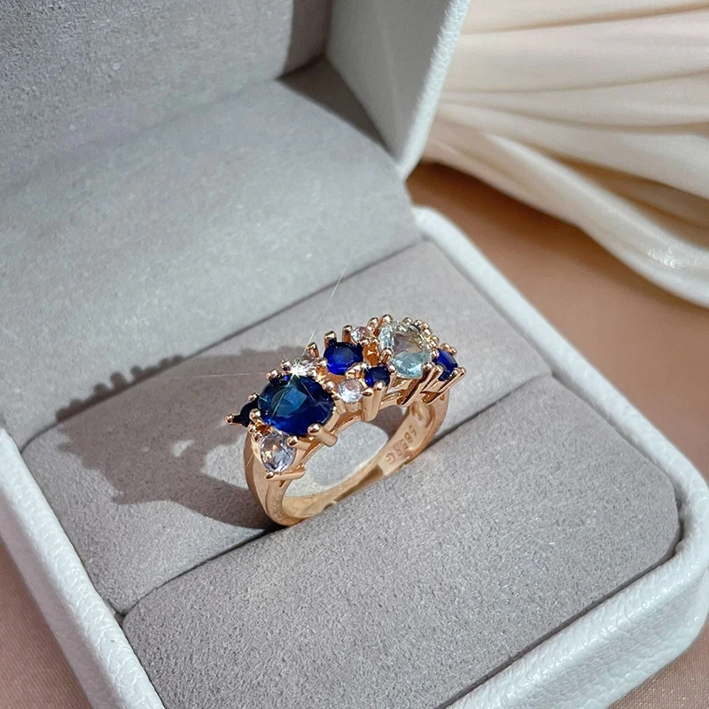 Kinel New Blue Natural Zircon Long Earrings Ring Sets for Women Trendy 585 Rose Gold Ring Romantic Vintage Wedding Jewelry Sets