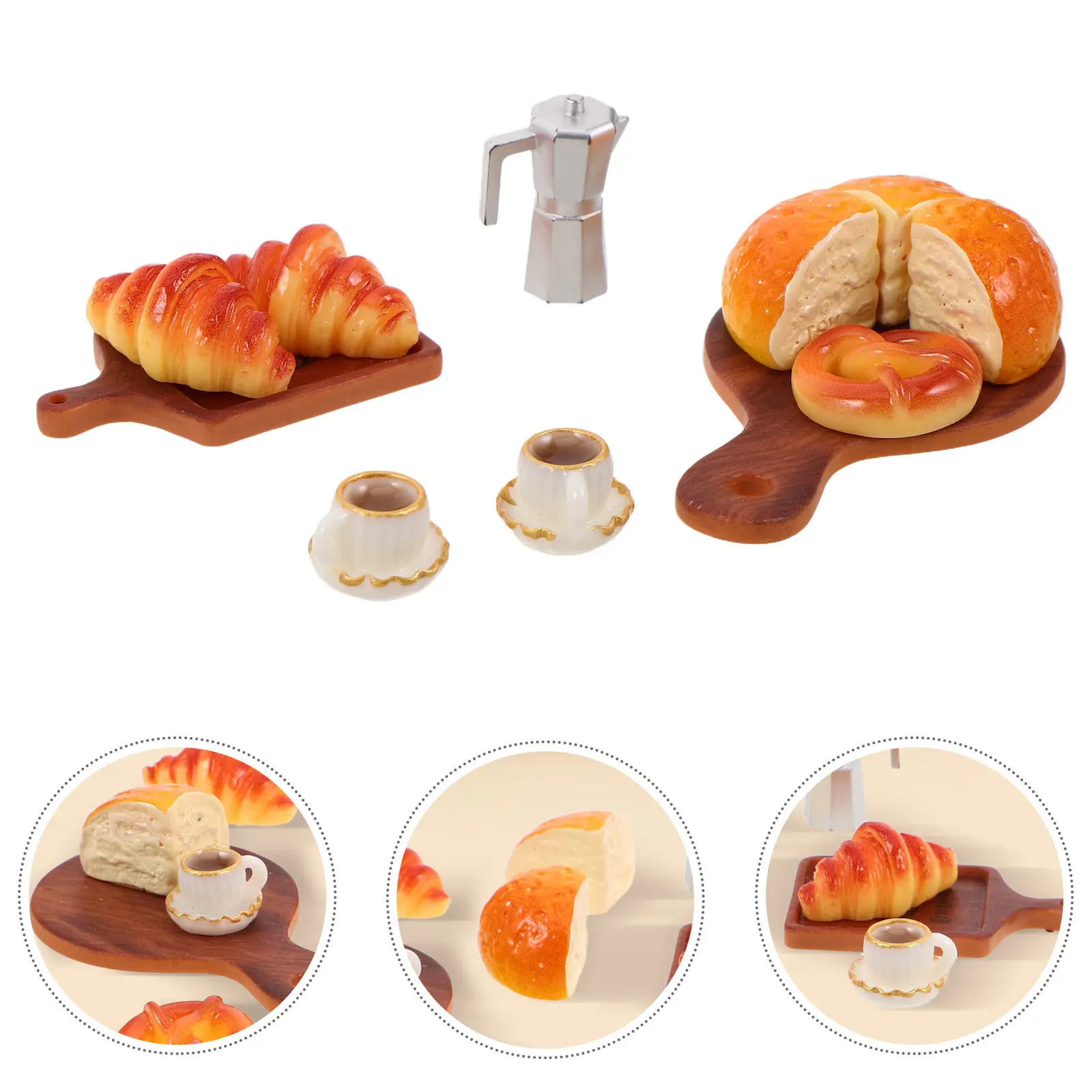 

1Set Miniature Dollhouse Food Realistic Mini Resin Bread Coffee Breakfast Set Pretend Play Bakery Miniature Kitchen Decoration
