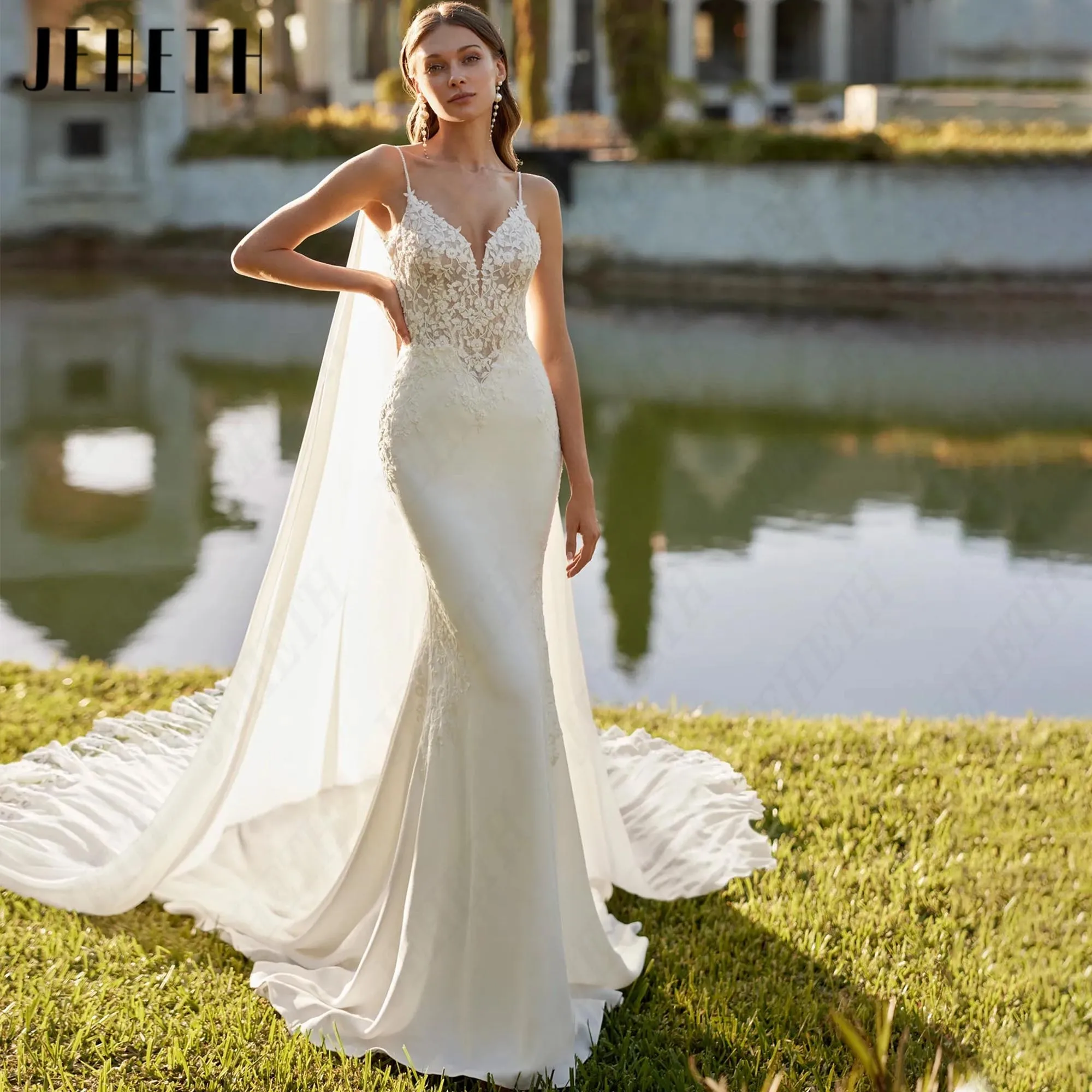 JEHETH Boho Spaghetti Strap Wedding Dresses V Neck Lace Appliques Bridal Gown Mermaid With Jacket Court Train Customized