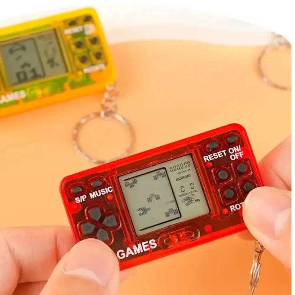 Blue Mini Retro Handheld Game Console Keychain Cute Backpack Pendant with Bells Novelty Gaming Keyring