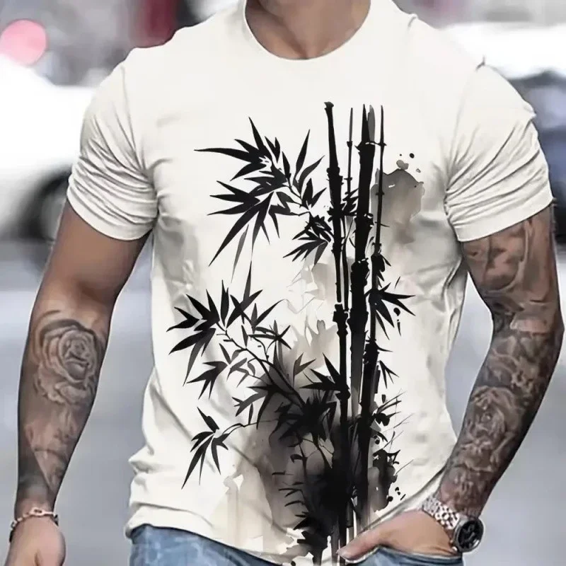 Men's Ink Bamboo Print T Shirt Crew Neck Short Sleeve Casual Oriental Style Streetwear Tee