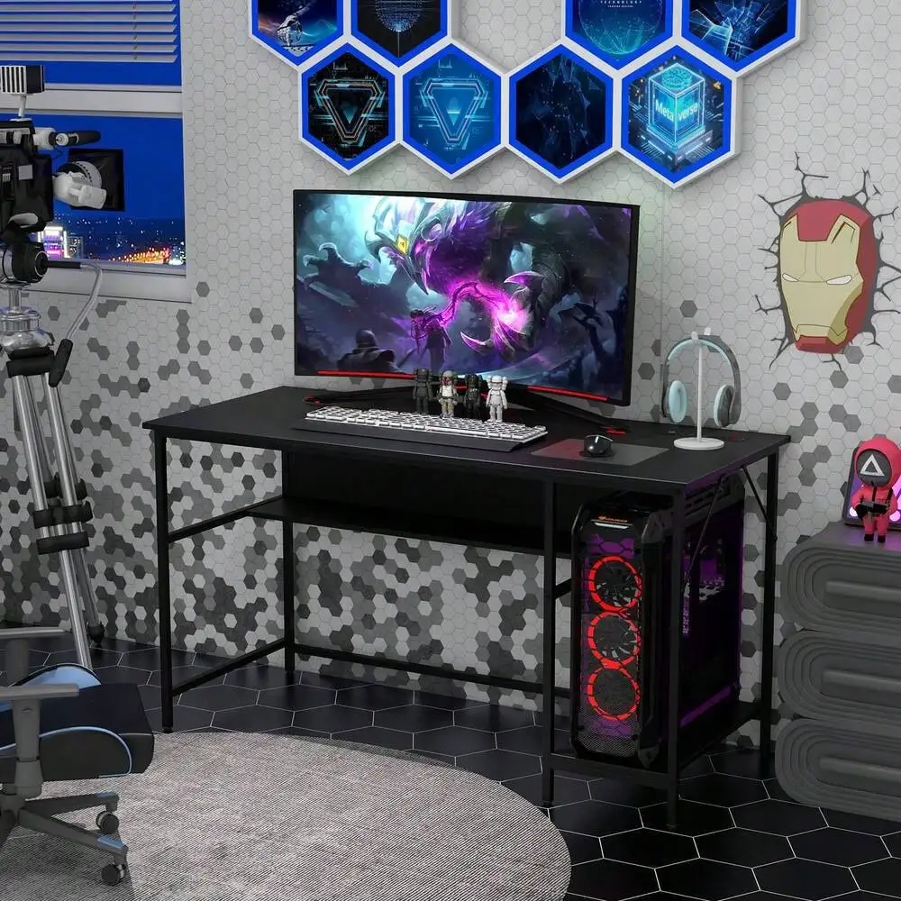 Biurko komputerowe o przekątnej 55 cali, stacja robocza z gniazdami zasilania i portami USB w kolorze czarnym