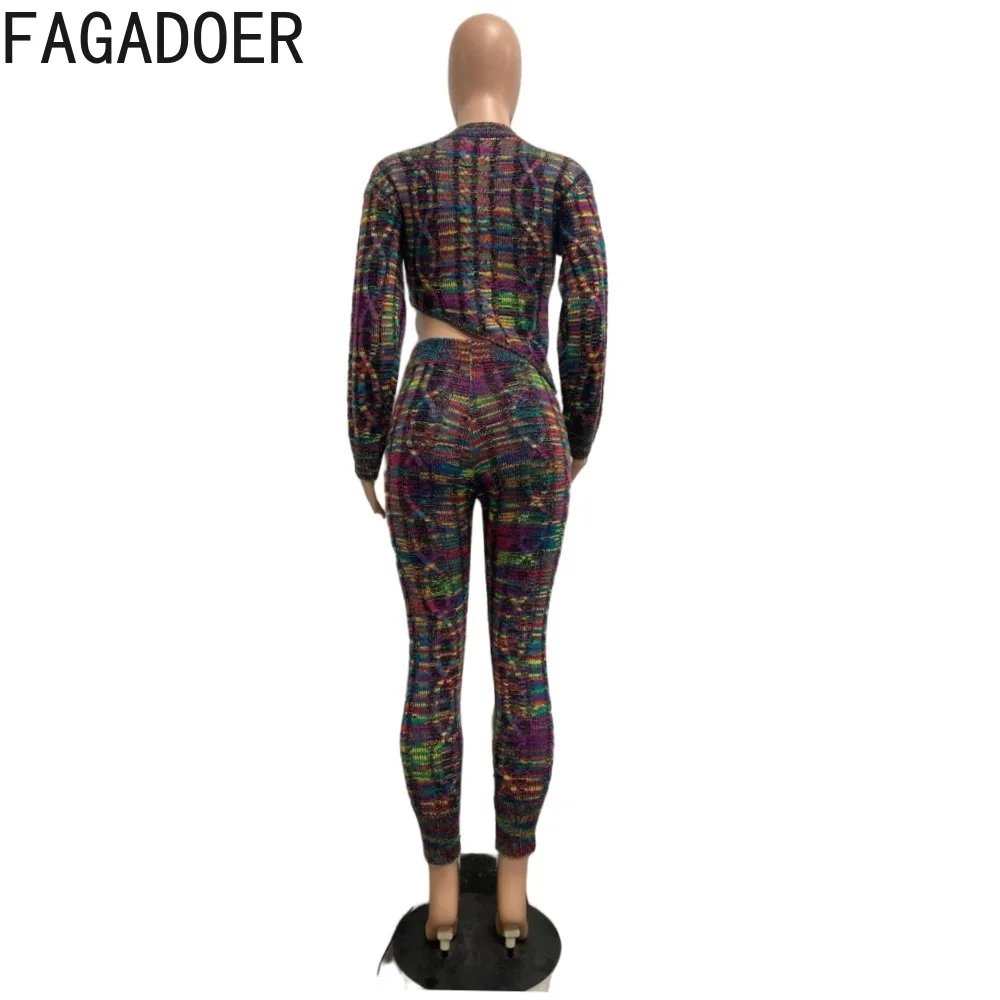 FAGADOER Casual Multicolour Knitting Skinny Pants Two Piece Sets Women Round Neck Long Sleeve Crop Top And Pants Outfits 2024