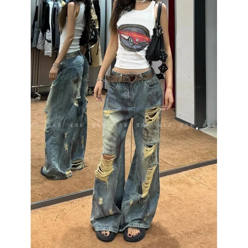 

Женские джинсы Y2K в стиле High Street Fashion: рваные, повседневные, летние, тонкие, винтажные, с эффектом тай-дай, длинные, в пол.