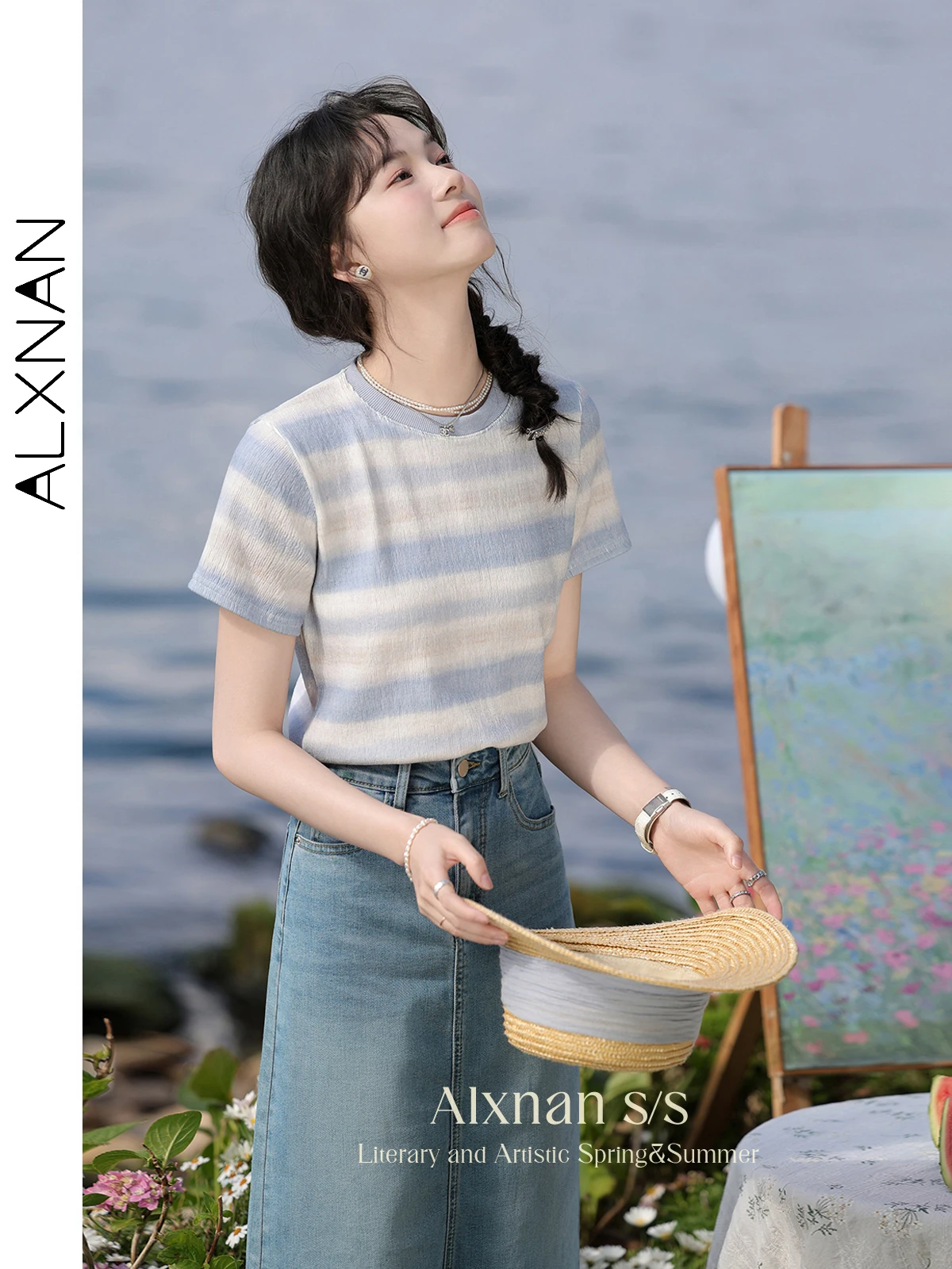 

ALXNAN Striped T-shirts for Women Summer Short Sleeve Crew Neck Tees 2024 New Casual Everyday Comfort Tops Woman Clothing L36833