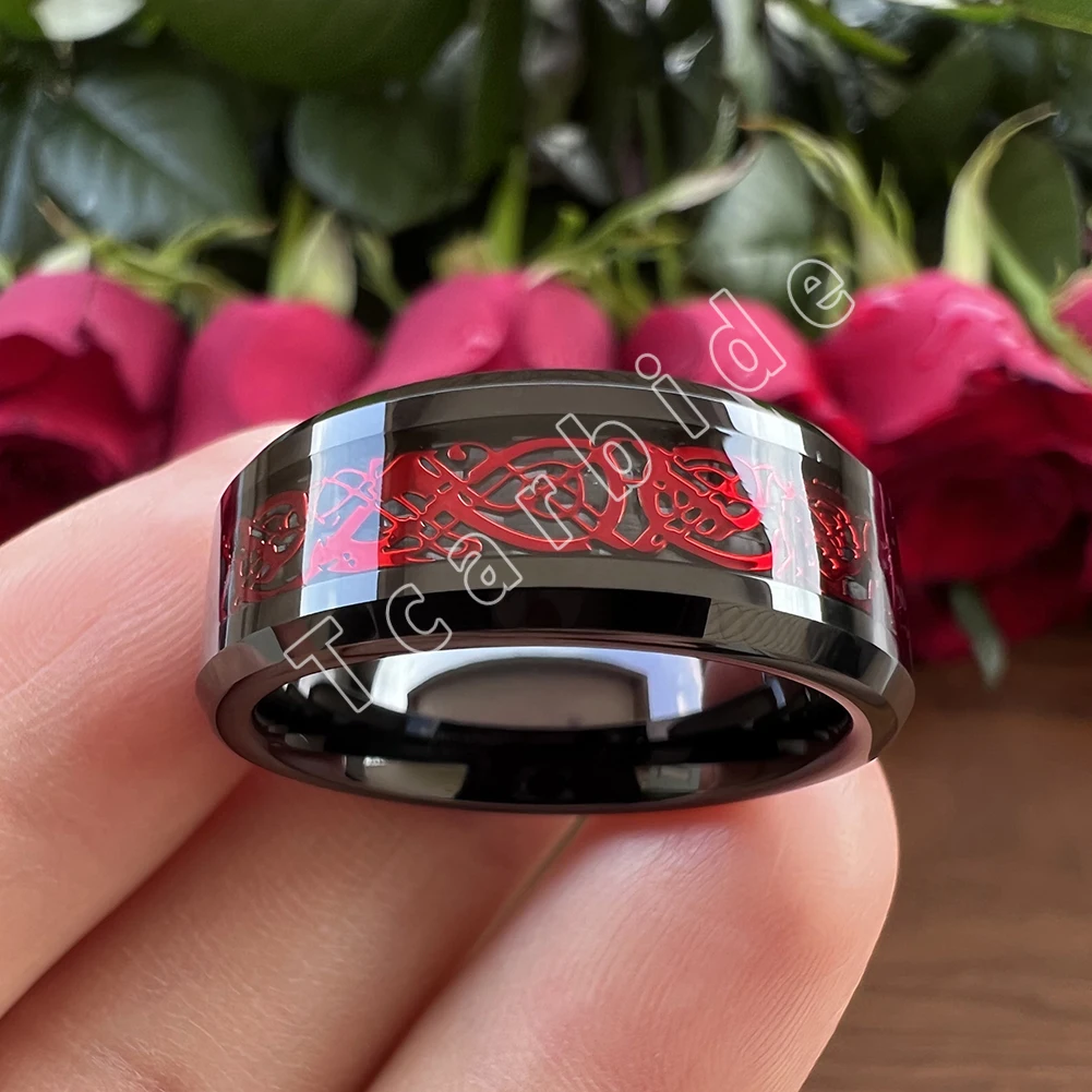 8MM Black Mens Womens Tungsten Carbide Engagement Wedding Ring With Red Opal Dragon Inlay Superior Gift Jewelry Comfort Fit