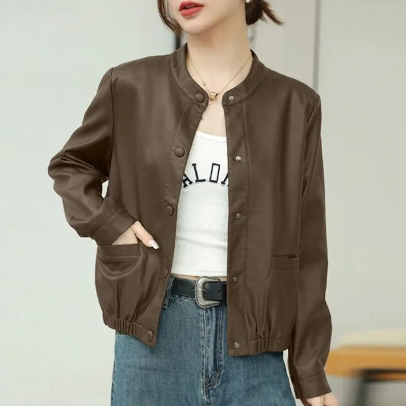 Female Fashion Round Neck Outwear Korean Women Large Size 4XL PU Leather Jacket Spring Autumn Ladies Faux Leather Short Coat