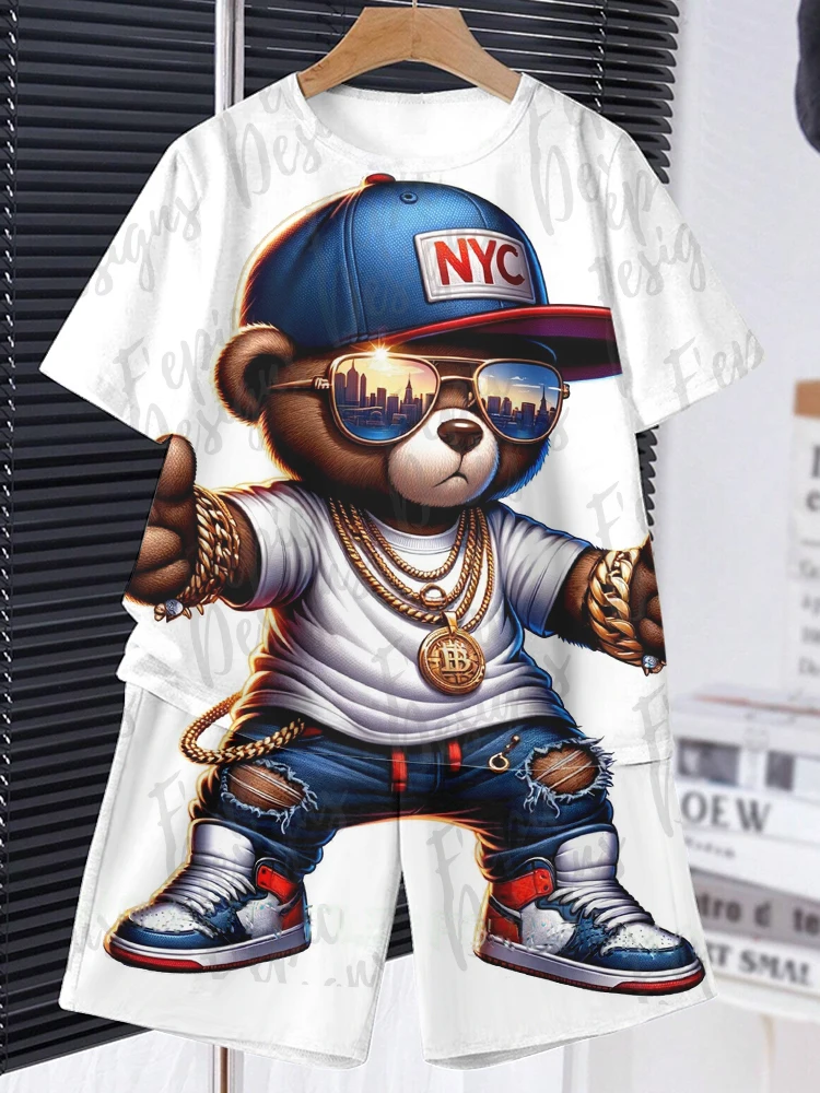 Anime Luxury Cool Bear Print Short Sleeve T-shirt Shorts Summer Men's Fashion Vacation Set Wrinkle Resistant Heat Insulation