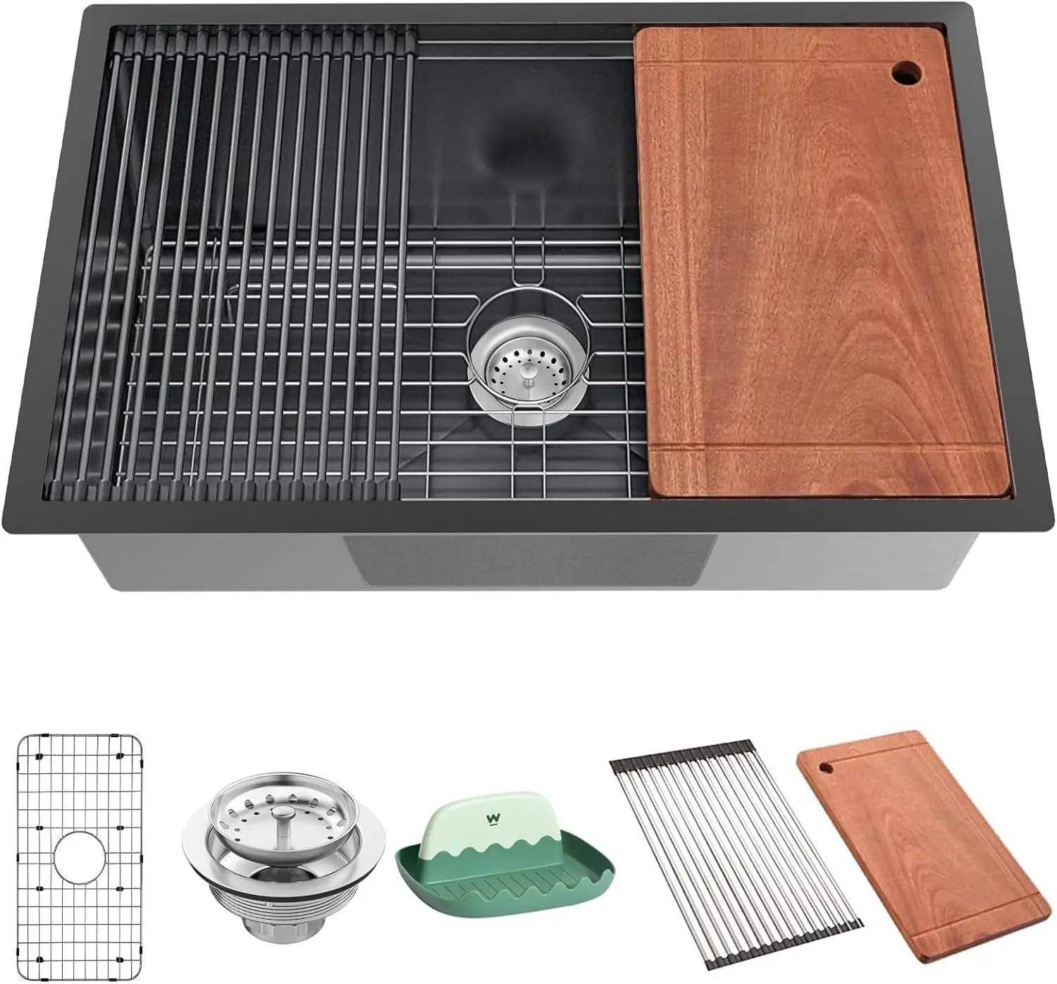 30×19 Inch Black Stainless Steel Undermount Workstation Kitchen Sink, Modern Large Single Bowl Washing Basin Complete Combo With Bottom Grid Drying Rack Cutting Board & Utensil Rest For Household Kitchen Renovation