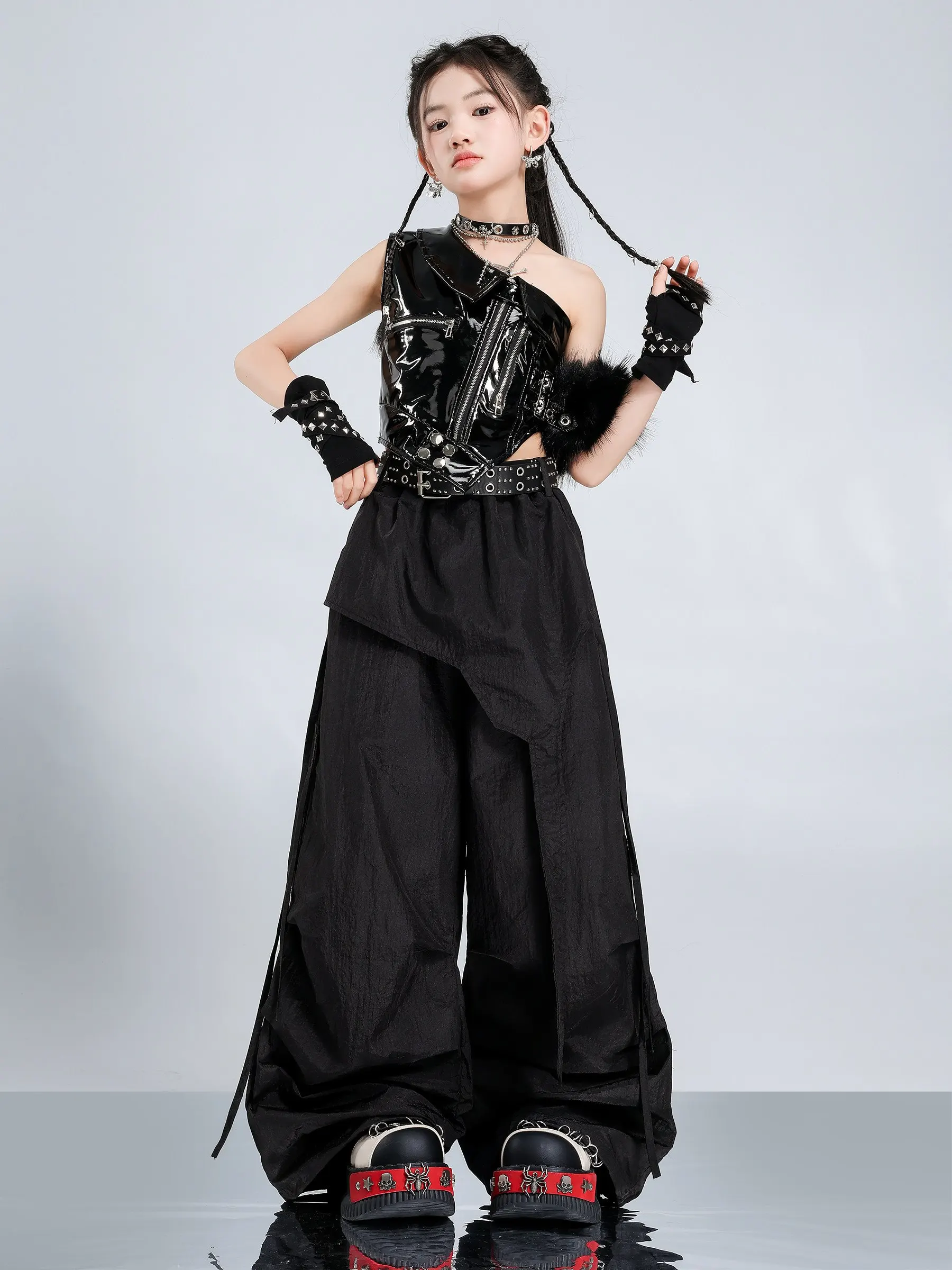 

Одежда для джазовых танцев для девочек, кожаный жилет для выступлений в стиле хип-хоп, брючный костюм, летняя детская сценическая одежда, наряд для концертов и показов мод BL18819