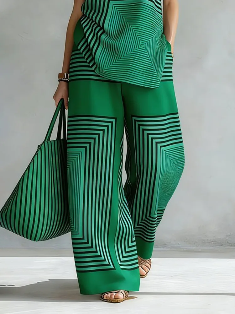 UOOZEE Office Ladies Commuter 2 Piece Set Geometric Striped O-Neck Sleeveless Tops & High Waisted Wide Leg Pants Matching Set view 5