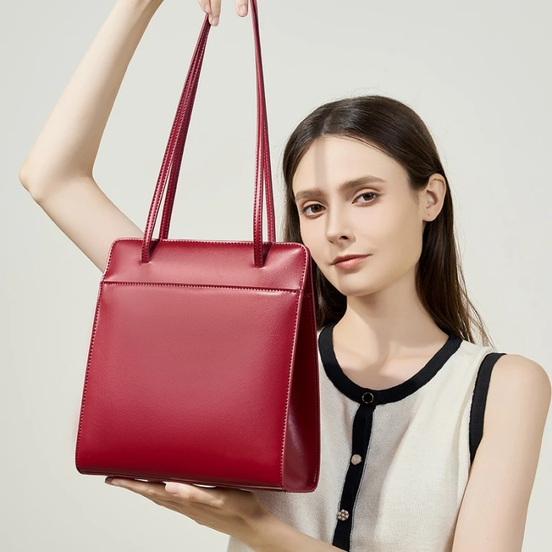 

Luxury Woman Genuine Leather Bag Large Shoulder Bag Tote Bag Ladies Minimalism Red 2025 Large Capacity Handbag Woman