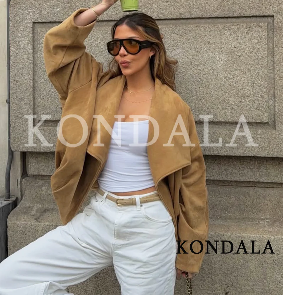 

Women's Chic Street Style Big Lapel Jacket KONDALA 2026 Trendy Vintage Elegant Loose Jacket Female Casual Cardigan Jacket Coat