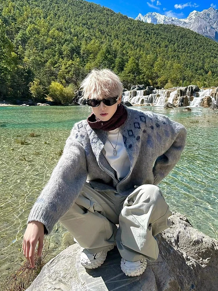 

American Retro Fair Isle Fake Fur Open Cardigan Sweater Loose Men's Soft Lazy Sle Couple Knitted irt Autumn Season