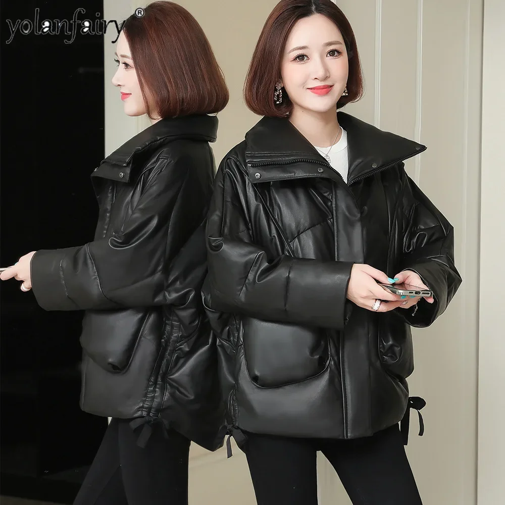 Mantel kulit domba asli kerah berdiri 2023 jaket hangat musim dingin wanita mode 90% mantel bulu angsa putih Coats Кожаная