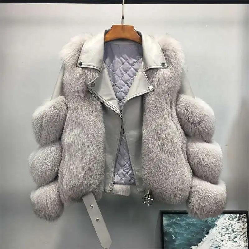 2023 Pu Leather Faux Fur Motorcycle Jackets Women Fashionable Warm Short Fox Fur Jacket Autumn Winter Ladies Luxury Short Coat