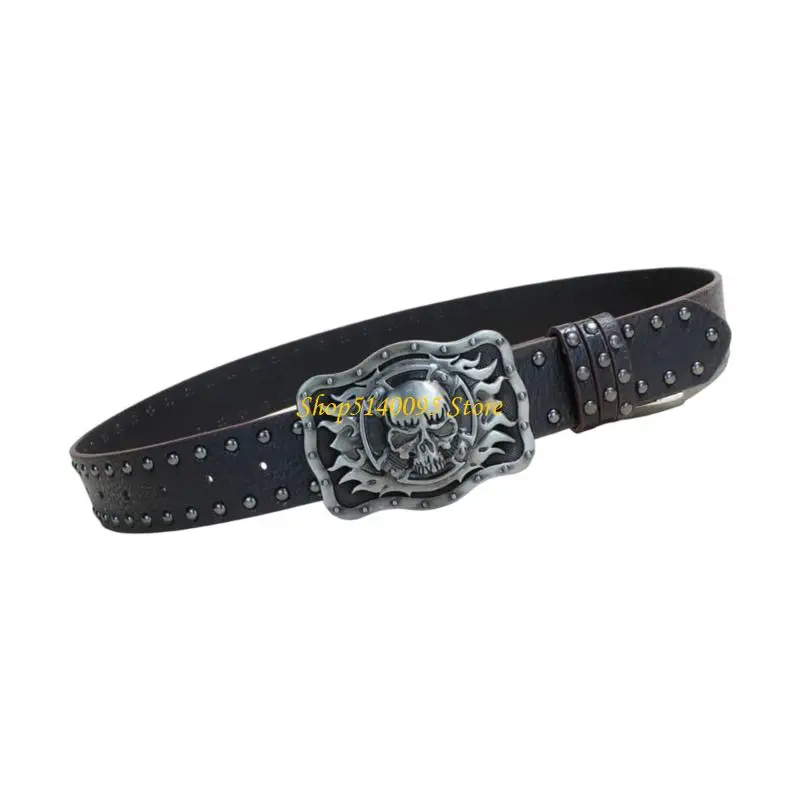 حزام جمجمة أنيق قابل للتعديل من DXAE للرجال من جلد البولي يوريثان الغربي مع أبازيم معدنية