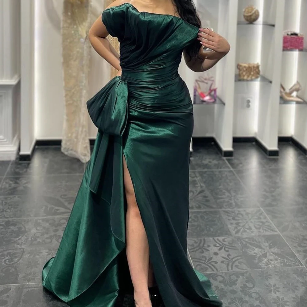 

Customized High Quality Satin Green Panel Train Evening Dresses Formal Strapless Straight Sleeveless Bespoke Occasion Gowns