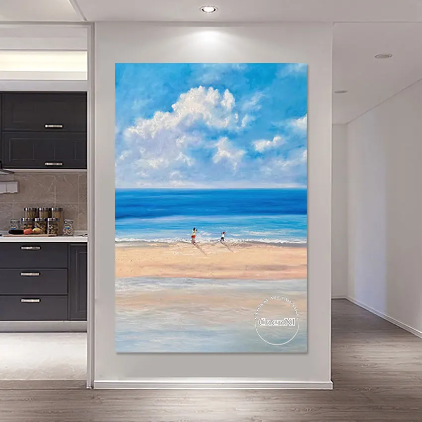 Wall Decoration Canvas Picture, Beach Seascape, Couple Playing Handmande, Knife Oil Painting, Decorative Item, Abstract Wall Art