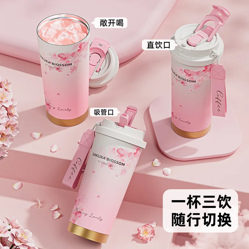 500ML Cherry Blossom Coffee Cup Vacuum Flasks  316 Stainless Steel Thermos Cup High Value High Sense Light Luxury  Water Bottle