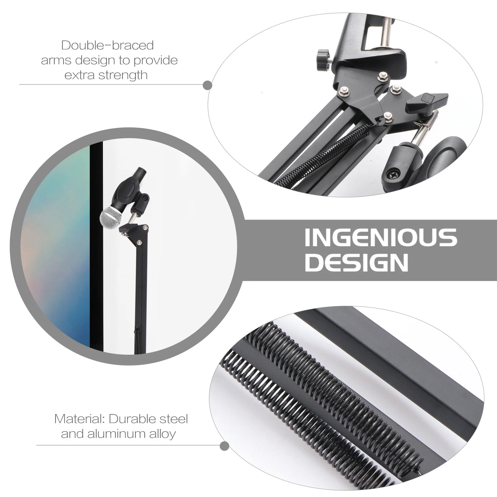 黒色のプロ用放送マイクスタンド、耐久性のあるスチールとアルミニウム合金製、シザーアーム、二重ブレース設計、簡単設置、デスク用