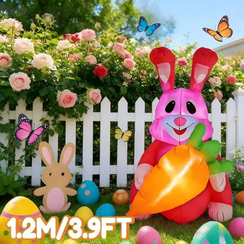 

Надувная декоративная фигура Кролика на Пасху, красная, 1.2м/3.9фт, с морковью, для праздников, улицы, сада, двора, со светодиодной подсветкой