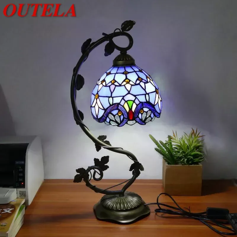 

OUTELA Tiffany Table Lamp American Retro Living Room Bedroom Lamp Luxurious Villa Hotel Stained Glass Desk Lamp