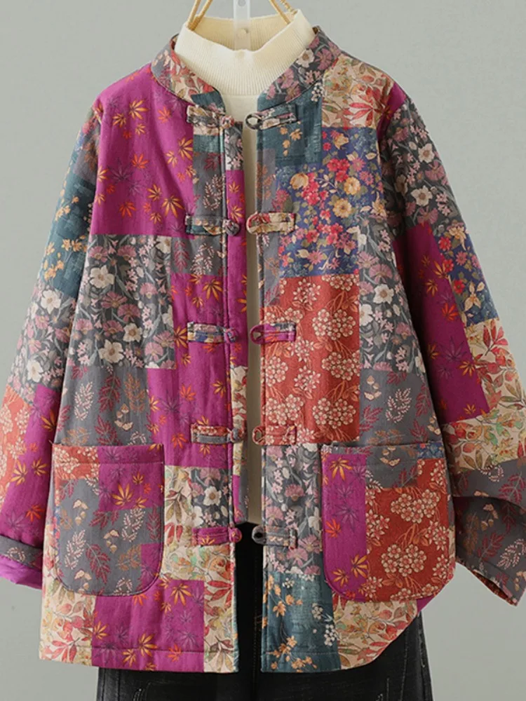 

Thiened Cotton Padded Jaet Women's Winter Traditional Chinese Sle Clothing Button Warm Floral Print Loose Fit Long Sve