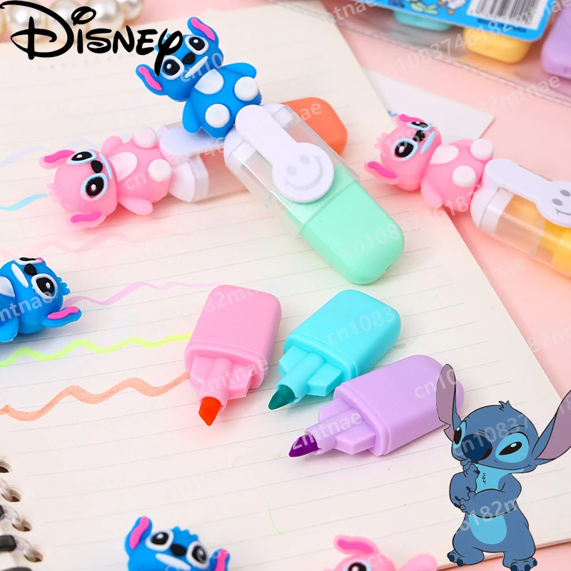 

6 Pcs Disney Cartoon Stitch Mini Highlighter Set 6 Color Hand Pen Cute Color Doodle Pen Student Stationery Supplies Gifts