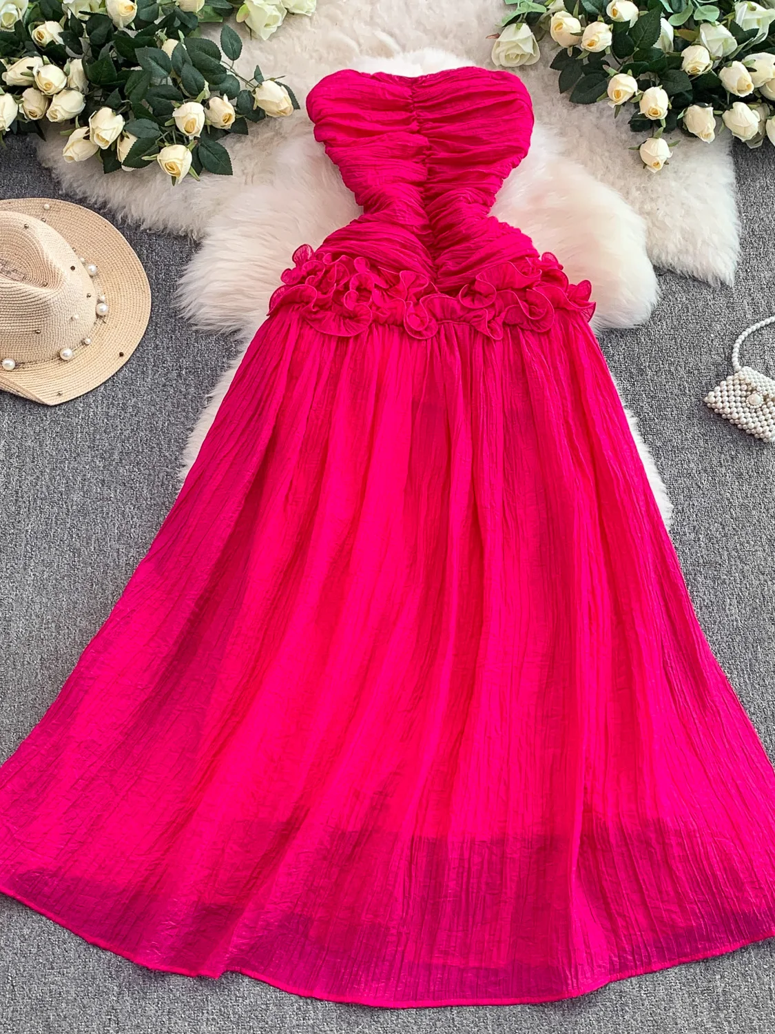 Ele Floral 3D Emed Tube Dr Abito da donna a pieghe in vita elastica che dimagrisce maxi gonna da fata abito a trapezio