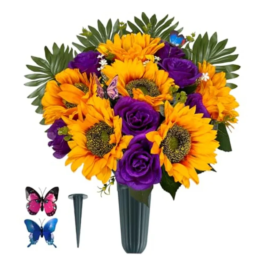 

Цветы для кладбища с вазой для украшения могил: шелковые подсолнухи и розы для надгробий - яркий, стойкий фиолетовый цвет