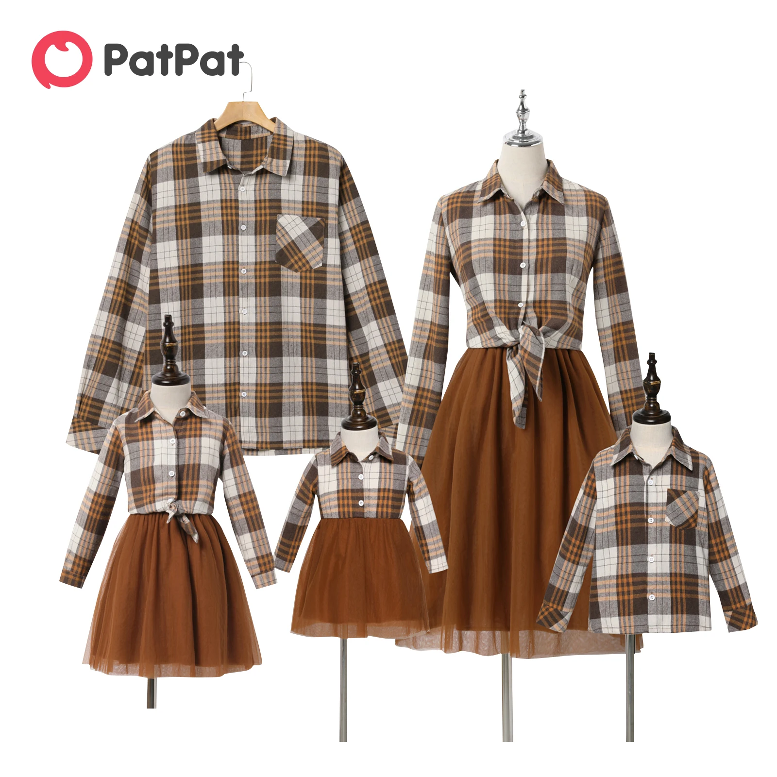 

PatPat Khaki Plaid Family Matching Long-sleeve Lapel Shirts and Mesh Skirts Sets