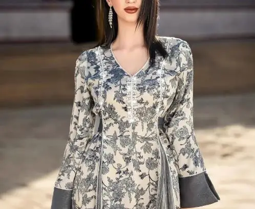 

Female Fashion Dresses Temperament New Women's V-Neck Long Sleeve Casual High Waist Printed Vintage Large Swing Long Dress